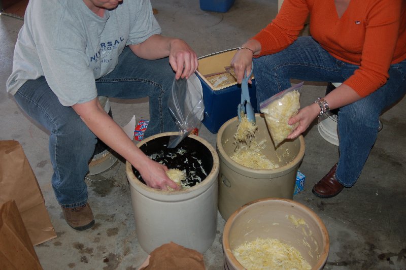 Picking sauerkraut from crocks